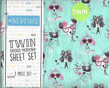 #Bedtime Bow Wow Dog Aqua 3 Piece Twin Sheet Set Fancy Puppy Dogs with Sunglasses, Flowers, Heart Glasses, Bows