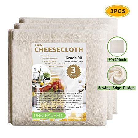 Olicity Cheesecloth, 20 x 20 Inch, Grade 90, 100% Unbleached Pure Cotton Muslin Cloth for Straining, Ultra Fine Reusable Cheese Cloth Fabric Filter Strainer for Cooking, Beer Wort Filtering (3 Pieces)