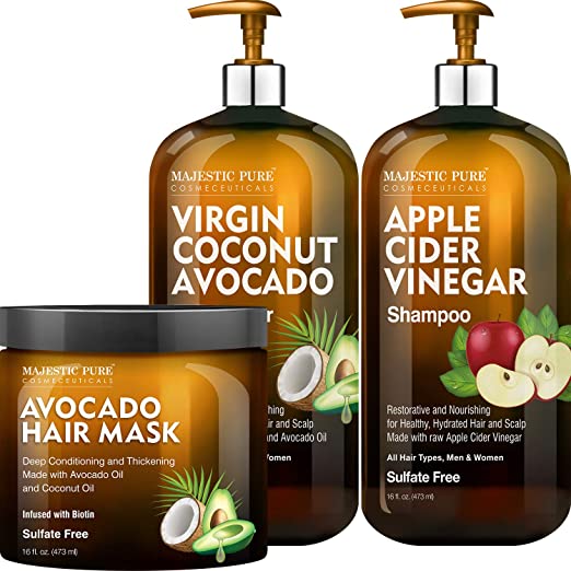 Apple Cider Vinegar Shampoo and Avocado Coconut Conditioner Set with Avocado Hair Mask by Majestic Pure, Hair Care Bundle, for ALL Hair Types