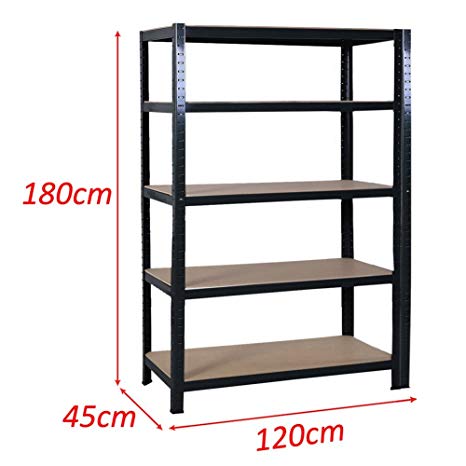 180x120x45cm Extra Wide 5 Tier Garage Shelving Storage Unit Heavy Duty Racking Shed Office Utility Room Warehouse Shelves - Black