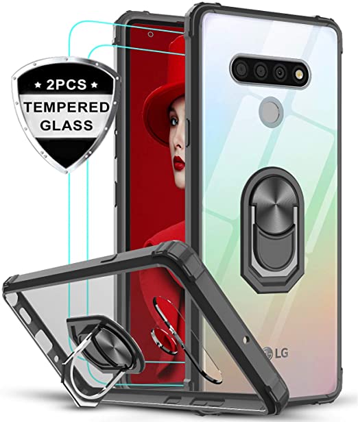 LeYi LG Stylo 6 Case, LG Stylo 6 Phone Case with Tempered Glass Screen Protector [2Pack], [Military Grade] Clear Crystal Shockproof Phone Case with Magnetic Car Ring Kickstand for LG Stylo 6, Black