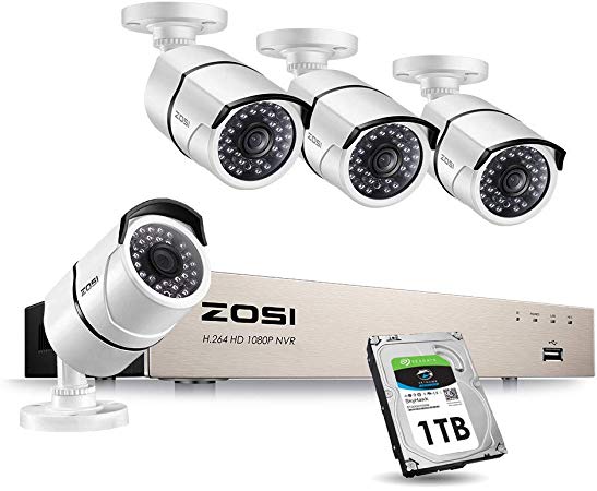 ZOSI 1080P PoE Home Security Camera System,8CH 1080p CCTV NVR Recorder and (4) 2MP 1920TVL Indoor Outdoor Weatherproof PoE IP Cameras with 100ft Night Vision for 24/7 Recording with 1TB Hard Drive