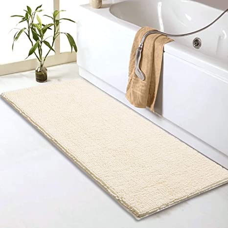 Sheepping Chenille Bathroom Rugs Runner (59" x 20") - Anti-Slip Long Bath Mat, Extra Soft,Absorbent and Machine Washable,Shaggy Chenille Noodle Bath Rugs for Bathroom,Bedroom and Kitchen,Ivory