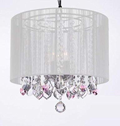 Crystal Chandelier Chandeliers With Large White Shade and Pink Crystal Hearts! H15" x W15" - Perfect for Kids' and Girls Bedrooms!
