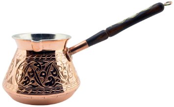 Thickest Premier Engraved Solid Copper Turkish Greek Arabic Coffee Pot Stovetop Coffee Maker Cezve Ibrik Briki with Wooden Handle, Thick 1,5 mm (Medium - 8 Oz)