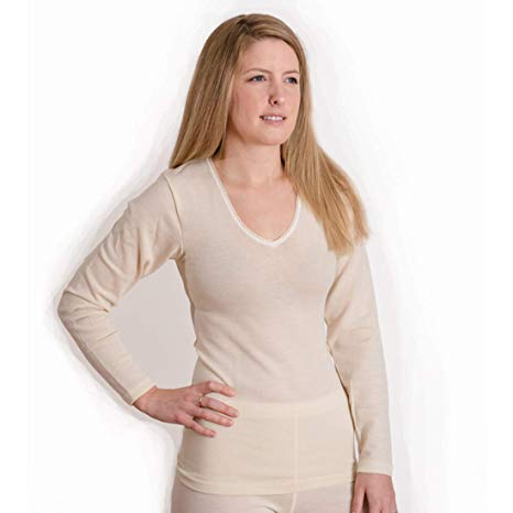 Hocosa Women's Organic Merino Wool Long-Underwear Shirt, Long Sleeve, V-neck