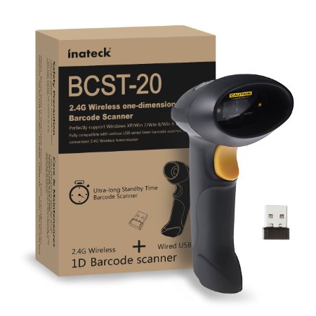 [Upgraded] Inateck Automatic 2.4GHz Wireless USB Barcode Scanner (2.4GHz Wireless & USB2.0 Wired) USB Rechargeable Barcode Bar-code Handheld Scanner Storage of up to 2600 Code Entries | 32-bit Decoder