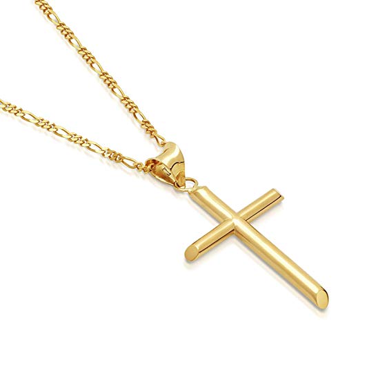Hollywood Jewelry 24K Gold Chain Cross Pendant Necklace for Men, Women w/Real Figaro Strong Solid Clasp Miami Cuban Link Style