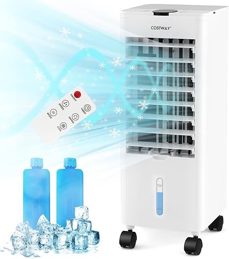 COSTWAY Evaporative Air Cooler, 3-in-1 Quiet 60° Oscillation Fan with Remote Control, 2 Ice Packs, 3 Speeds, 3 Modes, 12H Timer, Detachable Water Tank, Portable Swamp Cooler for Home Office, White