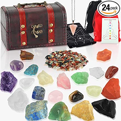 24Pcs Healing Crystals Set Real Chakra Energy Stones in Red Wooden Box Spiritual Crystals Witchcraft Kit, 7 Large and 7 Small Raw, 7 Tumbled Stones, 1 Bag of Mini Crystals, 1 Pendulum, 1 Altar Cloth