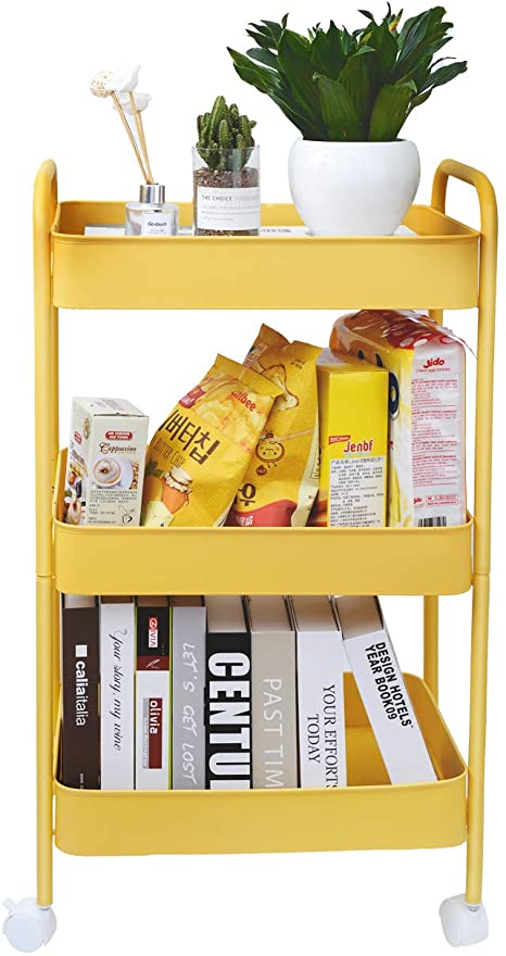3 Tier Rolling Utility Cart, No Screw Metal Storage Cart, Kitchen Storage Organizer Cart, Easy Assemble Utility Serving Cart with Wheels and Hooks for Office, Kitchen, Bedroom (Yellow)