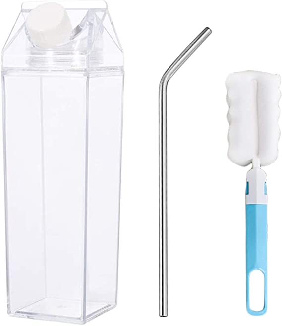 Milk Carton Water Bottle - Clear Square Milk Bottles BPA Free Portable Water Bottle with Straw and Bottle Brush for Outdoor Sports Travel Camping Activities(H02)