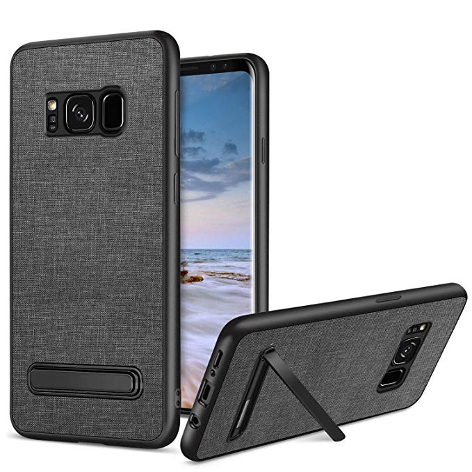 BENTOBEN Phone Case Compatible with Samsung Galaxy S8, Kickstand Slim Fit Protective Linen Cloth Cases Dual Layer Shockproof Heavy Duty Hybrid Soft TPU Bumper Fabric Hard PC Cover with Lanyard- Grey