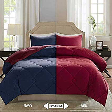 Comfort Spaces – Vixie Reversible Goose Down Alternative Comforter Mini Set - 3 Piece – Red and Navy – Stitched Geometrical Diamond Pattern – Full/Queen Size, Includes 1 Comforter, 2 Shams