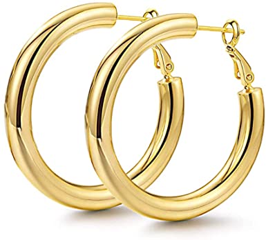 18K Gold Plated Thick Hoop Earrings for Women Girls Silver Gold Lightweight 316L Stainless Steel Chunky Tube Hypoallergenic Round Hoop Earrings for Sensitive Ears Jewelry Gift