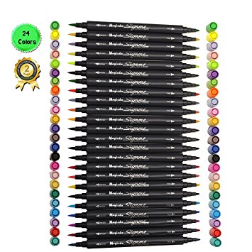 Magicdo 24 Cols, Dual Tip Watercolor Brush Pen Water Based Markers for Sketching, Painting and Coloring, Water Soluble Marker Pen with Water color brush tip and Water color fine tip (24 Pcs)