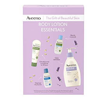 Aveeno Body Lotion Essentials Skincare Gift Set for Women with Stress Relief Calming Lotion, Daily Moisturizing Lotion, Skin Relief Lotion, and Sheer Hydration Body Lotion, 4 items