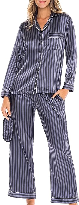 Alexander Del Rossa Women's Satin Pajamas Lounge Set, Long Sleeve Top, Pants with Pockets, Silk PJs with Matching Sleep Mask