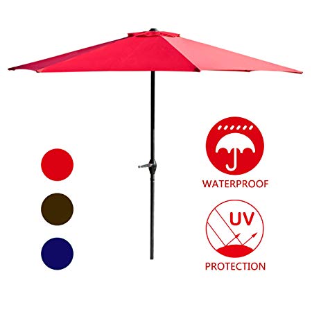 LOKATSE HOME Table Outdoor Market Patio Umbrella, 9 Feet Garden Umbrella with Crank, 6Ribs (Red)