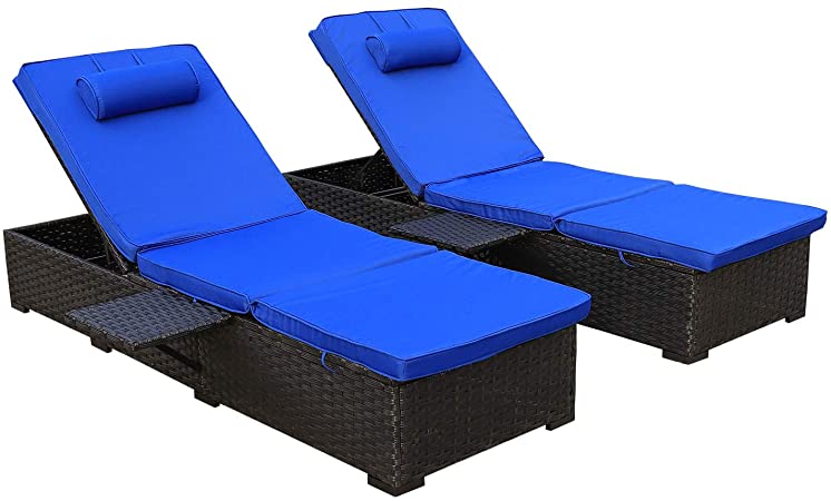 Outdoor PE Wicker Chaise Lounge - 2 Piece Patio Black Rattan Reclining Chair Furniture Set Beach Pool Adjustable Backrest Recliners with Royal Blue Cushions