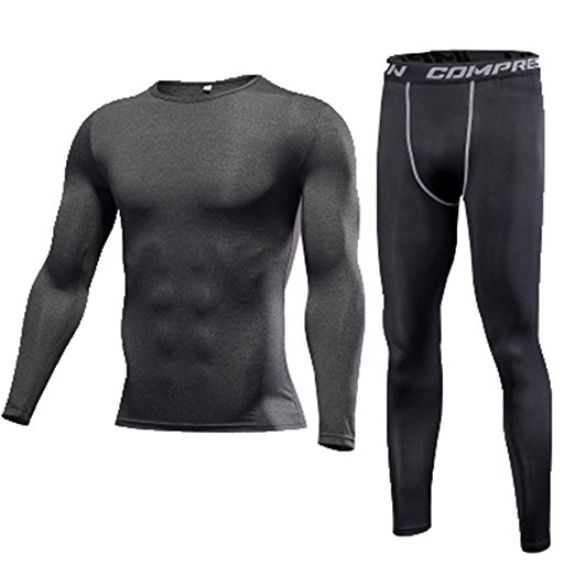 1Bests Men's Running Fitness Elastic Slim Compression Base Layer Long Sleeve Top & Pants Sweatsuits Set