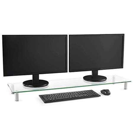 VonHaus Extra Large Glass Monitor Stand Riser 39.5" Desktop Stand with Adjustable Height Perfect for Double Computer Screens at Home and Office - Dual Monitor Capacity