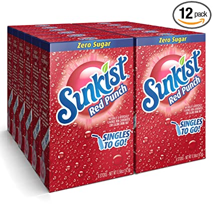 Sunkist Soda Singles To Go Drink Mix In 12 Boxes with 6 Packets Each (NonCarbonated and Sugar Free), Red Punch, 72 Count