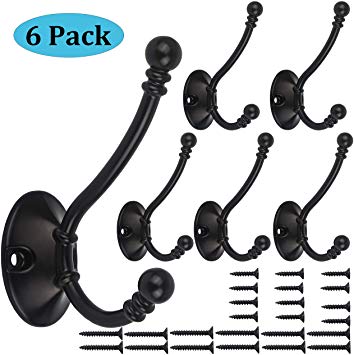 6 Pack Heavy Duty Dual Coat Hooks Wall Mounted with 24 Screws Retro Double Hooks Utility Black Hooks for Coat, Scarf, Bag, Towel, Key, Cap, Cup, Hat (Black)