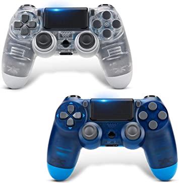 2 Pack PS4 Controller Wireless Bluetooth Gamepad, Touch Panel Gamepad USB Cable with Dual Vibration and Audio Function Anti-Slip Grip for Plays 4/Pro/Slim/PC (Transparent White & Ocean Blue)