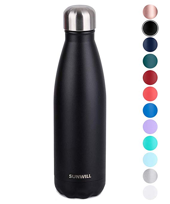 SUNWILL Insulated Stainless Steel Water Bottle Powder Coated Black, Vacuum Double Wall Sports Water Bottle 17oz, Cola Shape Travel Thermal Flask