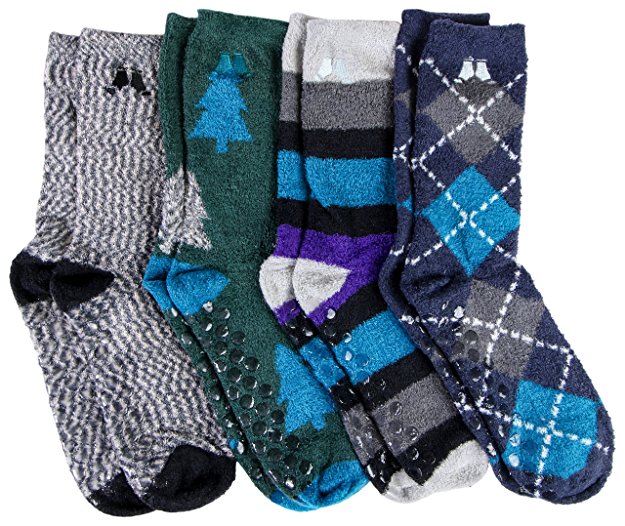 Sockbin Mens Fuzzy Socks, Non-Skid Gripper Sock, Patterned Colorful Striped,Holiday Gift, No Slip Grip Plush Softest