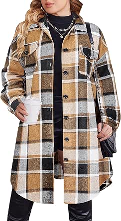 Zeagoo Womens Plus Size Flannel Plaid Button Down Shirts Long Sleeve Lounge Lapel Tartan Shacket Jacket Long Coats 2024