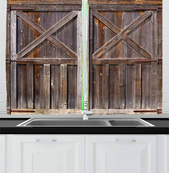 Ambesonne Rustic Kitchen Curtains, Old Wooden Barn Door of Farmhouse Oak Countryside Village Board Rural Life Photo Print, Window Drapes 2 Panel Set for Kitchen Cafe Decor, 55" X 39", Brown