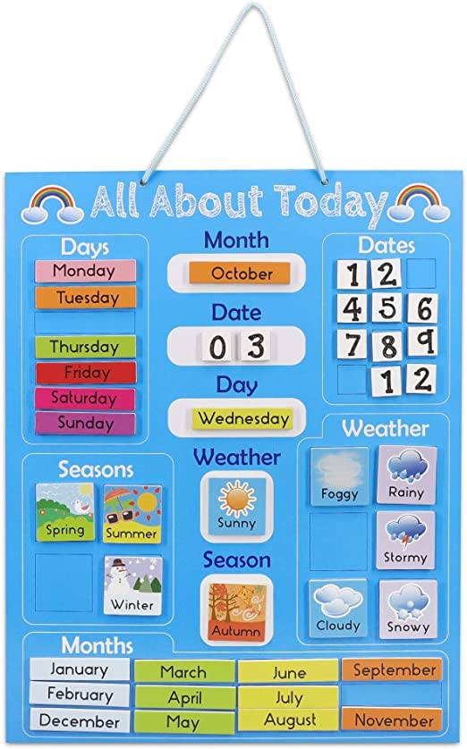 Navaris Kids Magnetic Calendar - Early Years Learning - Weather, Date, Month, Day, Season Educational Chart for Children - Kids Wall Board - Blue