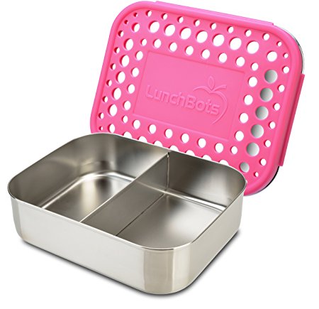 LunchBots Duo Stainless Steel Food Container - Two Section Design Perfect for Half of a Sandwich and a Side or for Use as a Snack Box - Eco-Friendly, Dishwasher Safe and BPA-Free - Pink Dots