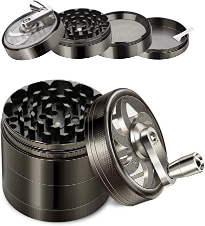 Herb Grinder, 4-Piece Spice Grinder with Pollen Catcher Zinc Alloy Manual Grinder with Handle, Grinder Hand Cranked with Clean Brushes and Scraper for Preparing Ingredients, Nutrients, Herbs