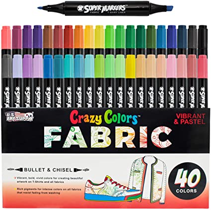 Super Markers 40 Unique Primary & Pastel Colors Dual Tip Fabric & T-Shirt Marker Set - Double-Ended Fabric Markers with Chisel Point and Fine Point Tips - 40 Permanent Ink Vibrant and Bold Colors