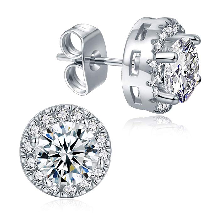 Outop Stud Earrings for Women18K White Gold Plated Round Cubic Zirconia Stainless steel anti-allergy earrings