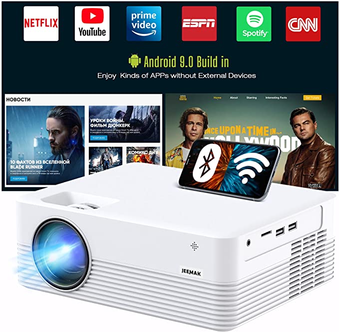Android 9.0 Smart Mini Projector, JEEMAK WiFi Bluetooth Video Projector FHD 1080P Supported for Smart Phone, 5000 Lux Portable Projector for Home & Outdoor Theatre with Netflix YouTube
