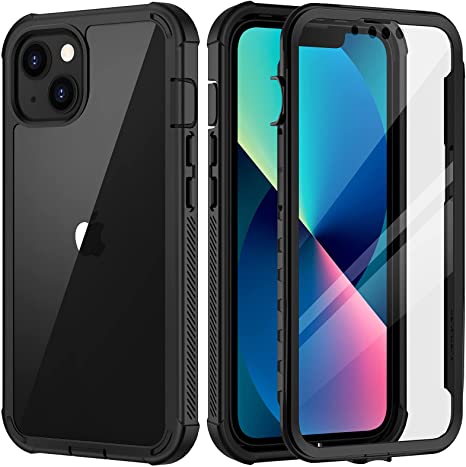 seacosmo iPhone 13 Case, [Built-in Screen Protector] Full Body Clear Bumper Phone Case Rugged Shockproof Protective Case Cover for iPhone 13, Black