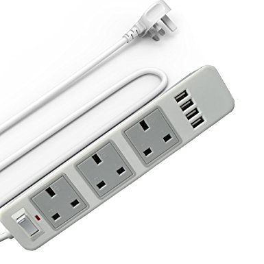 JnDee™ UK 3 Gang 2M (6.6ft) Extension Lead plus 4 USB Ports Power Strip - Surge Protector with Overload Protection Switch (3Way 2M 4USB)