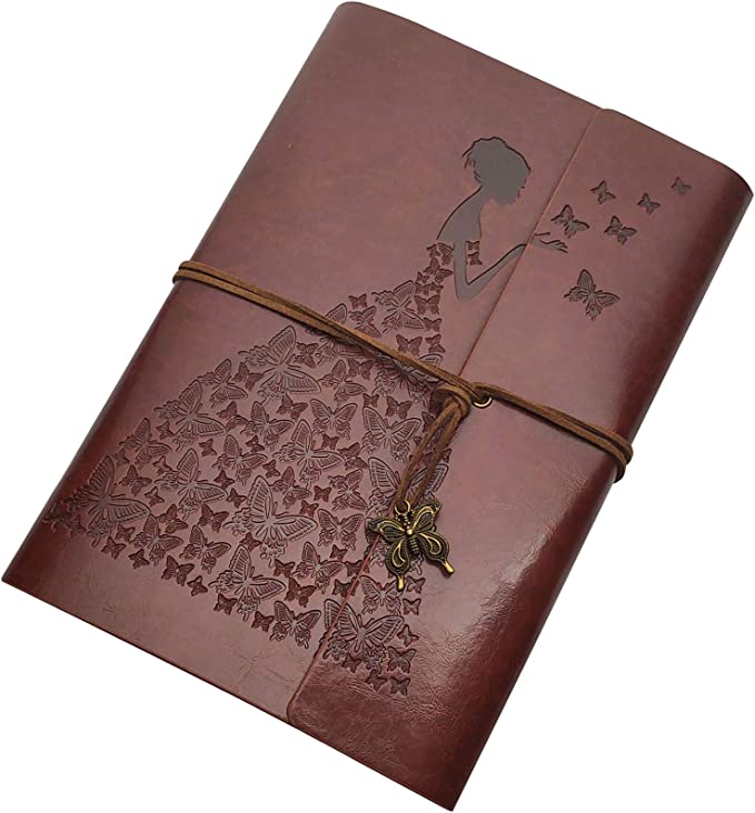 Modana Butterfly Journal Refillable Travelers Notebook Premium Retro Spiral Notebook Vintage Binder Embossed Travelers Journal for Art Sketch Travel Diary and Journal Records(Dark Brown, A6)