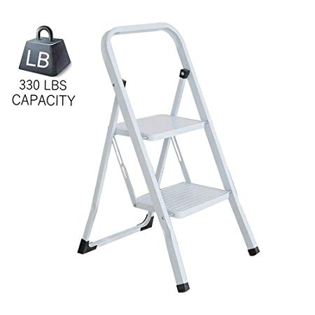 Dporticus Steel Folding Portable 2 Steps Ladder Step Stool with 330lbs Capacity White