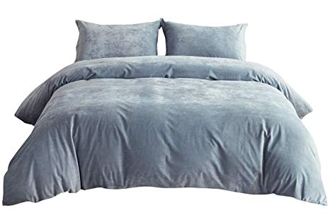 PHF Greek Velvet Duvet Cover Set 3 Pieces Heavyweight Warm for Winter Luxury Bedding Set King Size Light Blue/Grayish Blue