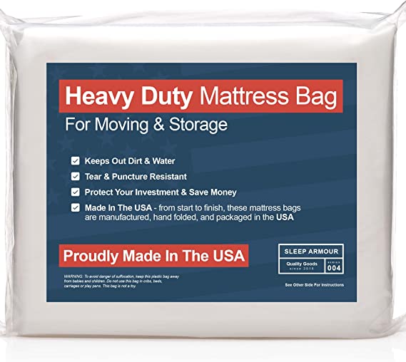 Sleep Armour Mattress Bags for Moving & Long Term Storage with Tear Resistant & Heavy Duty Thick Plastic to Protect Against Water & Dirt - Made in The USA - Queen 2-Pack