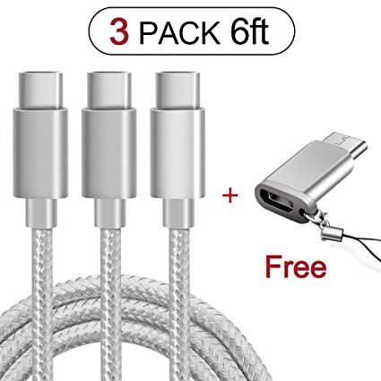 USB Type C Cable, Marge Plus USB C Cable 3 Pack (6ft), Nylon Braided Fast Charger Cord (USB2.0) for Samsung Galaxy Note8 S8 S8 Plus, LG G6 G5 V30 V20, Google Pixel, New Macbook and More (Silver)