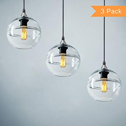 Casamotion Pendant Lighting Handblown Glass Drop Hanging Light, Unique Optic Glass Pendant Lamp, Brushed Nickel Finish, Clear, 7'', 3-Pack