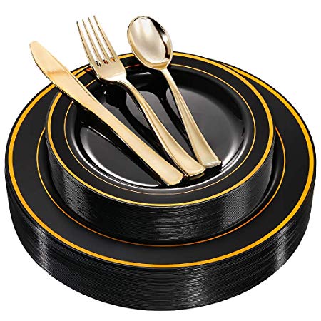 WDF 125 Piece Black Plastic Plates with Gold Rim & Disposable Gold Plastic Silverware - Premium Heavyweight Plastic Tableware for Wedding &Parties