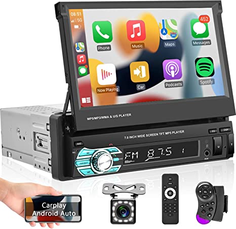 Podofo Single Din Touchscreen Car Stereo with Apple Carplay and Android Auto, 7 Inch Bluetooth Flip Out Head Unit with Mirror Link for Android/iOS FM Radio USB TF SWC AUX-in   Backup Camera