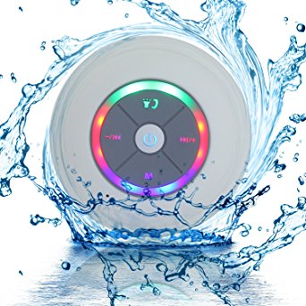 Waterproof Portable Shower Bluetooth 4.0 Speakers Subwoofer by Exkokoro(TM), Colorful LED Effect, Strong Adhesion, Hands-free Calls for Smartphone all Bluetooth Device(White)